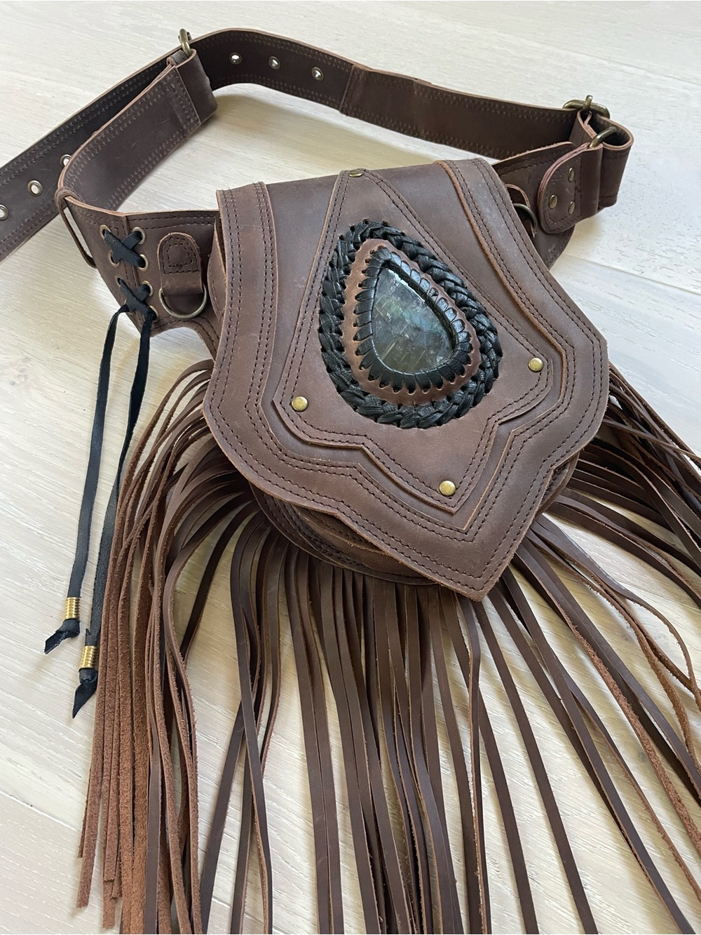 Boho Fringe Leather Hip Bag with Labradorite Stone / like new